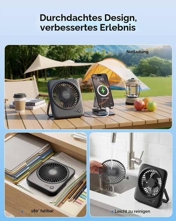 Otlonpe Tischventilator Leise, 4000mAh Akku Tisch Ventilator Tragbar, 4-Speed Tischventilatoren Klei