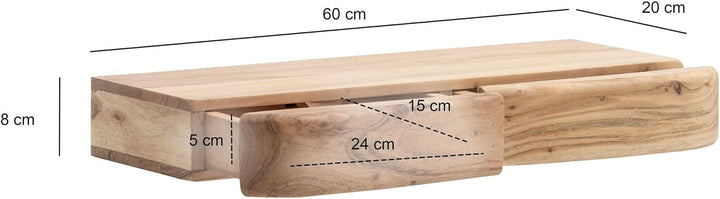 Wohnling Wandregal Akazie Massivholz 60cm mit Zwei Schubladen - Design Regal für die Wand - Holz Wan