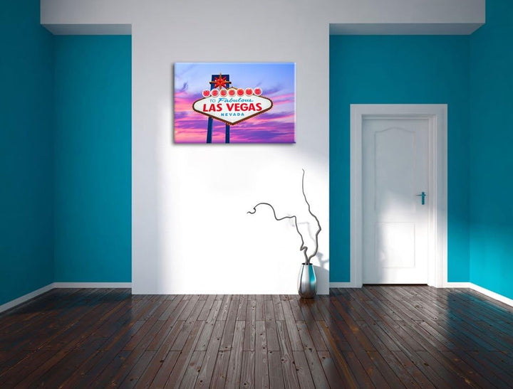Las Vegas Ortseingangsschild am Abend Format: 100x70 auf Leinwand, XXL riesige Bilder fertig gerahmt