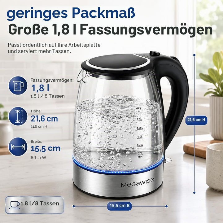 MegaWise Glas-Wasserkocher 1,8L, 1800W elektrischer Wasserkocher mit automatischer Abschaltung, Troc