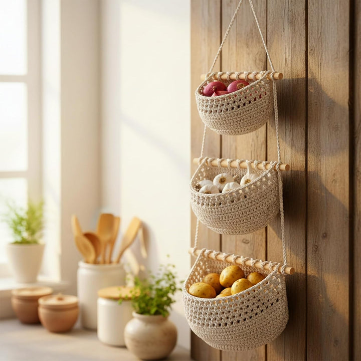 CHUEHKAK Hängende Obstkörbe (3er Set) - Boho gewebte Aufbewahrungstaschen für Küchenwand und Badezim