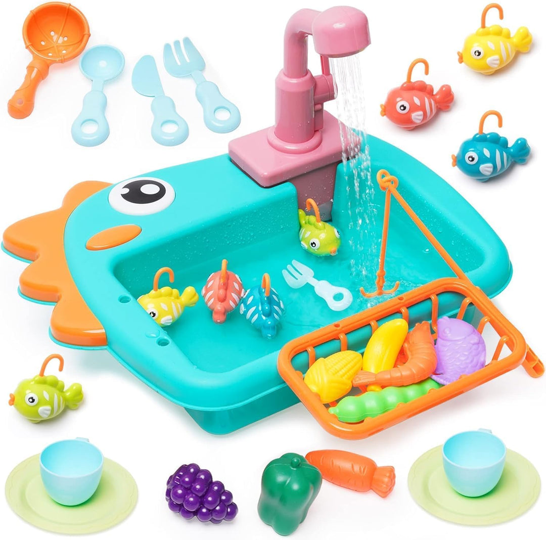 Küchenspüle Spielzeug Set mit Angelspiel, Wasserkreislauf Fliessendes Wasser Spülmaschine, Küchenute