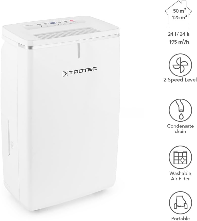 TROTEC Luftentfeuchter elektrisch TTK 72 E – Leistung 24 L/Tag – Fläche 50 m² / 125 m³ – mit Autoabs
