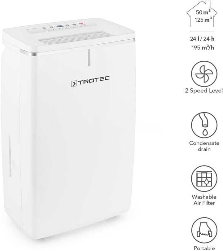 TROTEC Luftentfeuchter elektrisch TTK 72 E – Leistung 24 L/Tag – Fläche 50 m² / 125 m³ – mit Autoabs