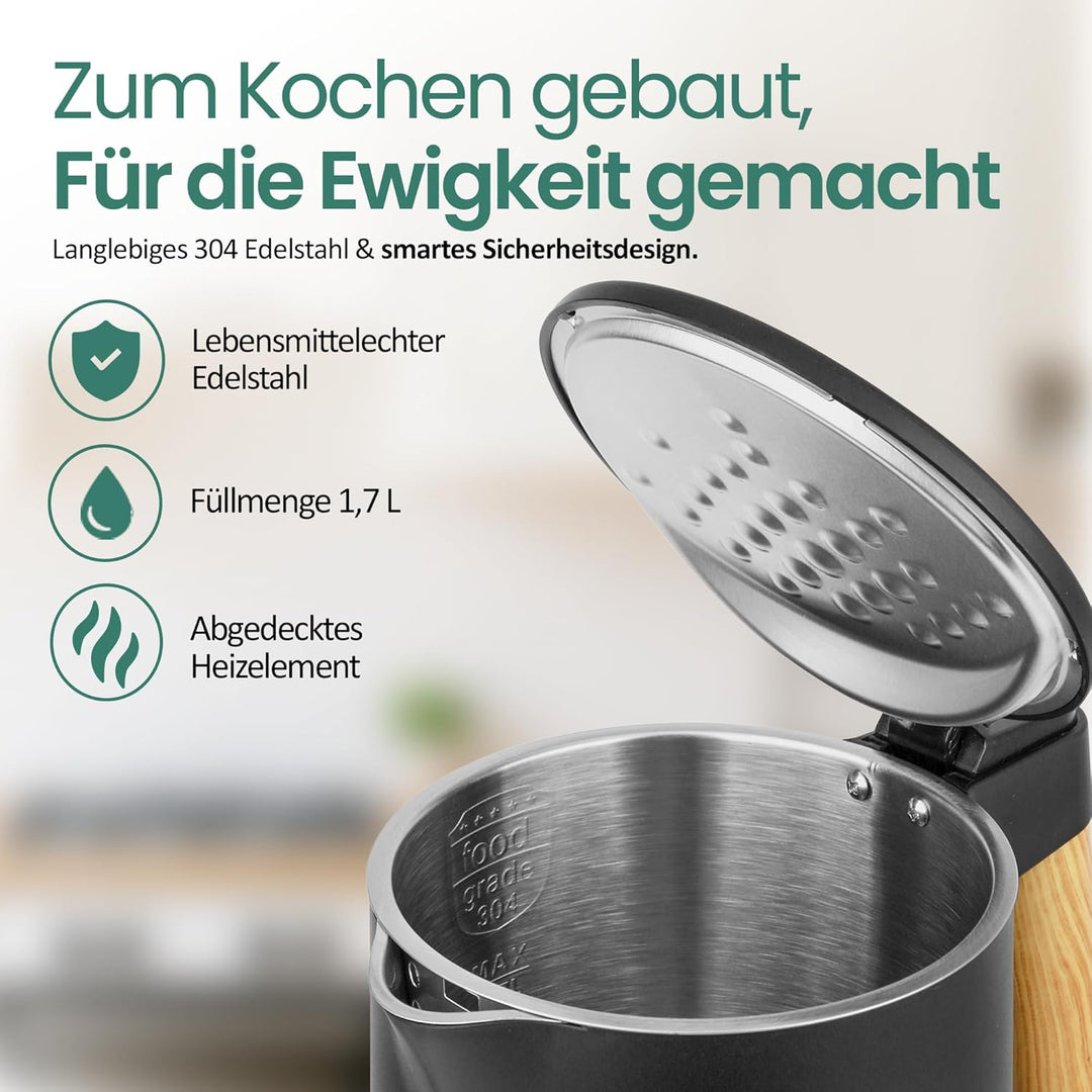 EMERIO Wasserkocher Edelstahl 1.7L | isolierte Doppelwand | Temperaturwahl 40-100°C in 5°C Schritten