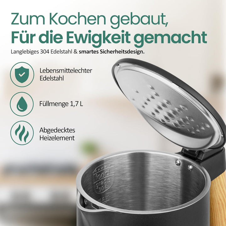 EMERIO Wasserkocher Edelstahl 1.7L | isolierte Doppelwand | Temperaturwahl 40-100°C in 5°C Schritten