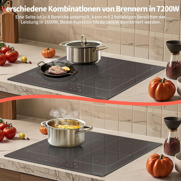 NOXTON Induktionskochfeld 4 Platten mit Doppelte Flexzonen, Induktionsfeld 60 cm Einbau mit Booster,