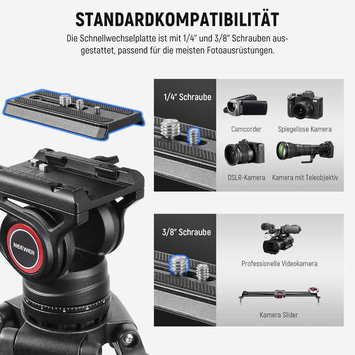 NEEWER 74" Videostativ mit Fluidkopf & Dämpfungsregelung, Aluminium Heavy Duty Kamerastativ Professi