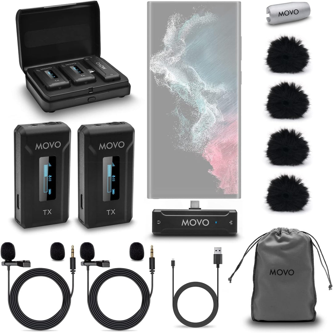 Movo WMX-2-C-DUO Dual Wireless Lavalier Mikrofone für Android mit Ladehülle, Onboard Mikrofone, Clip