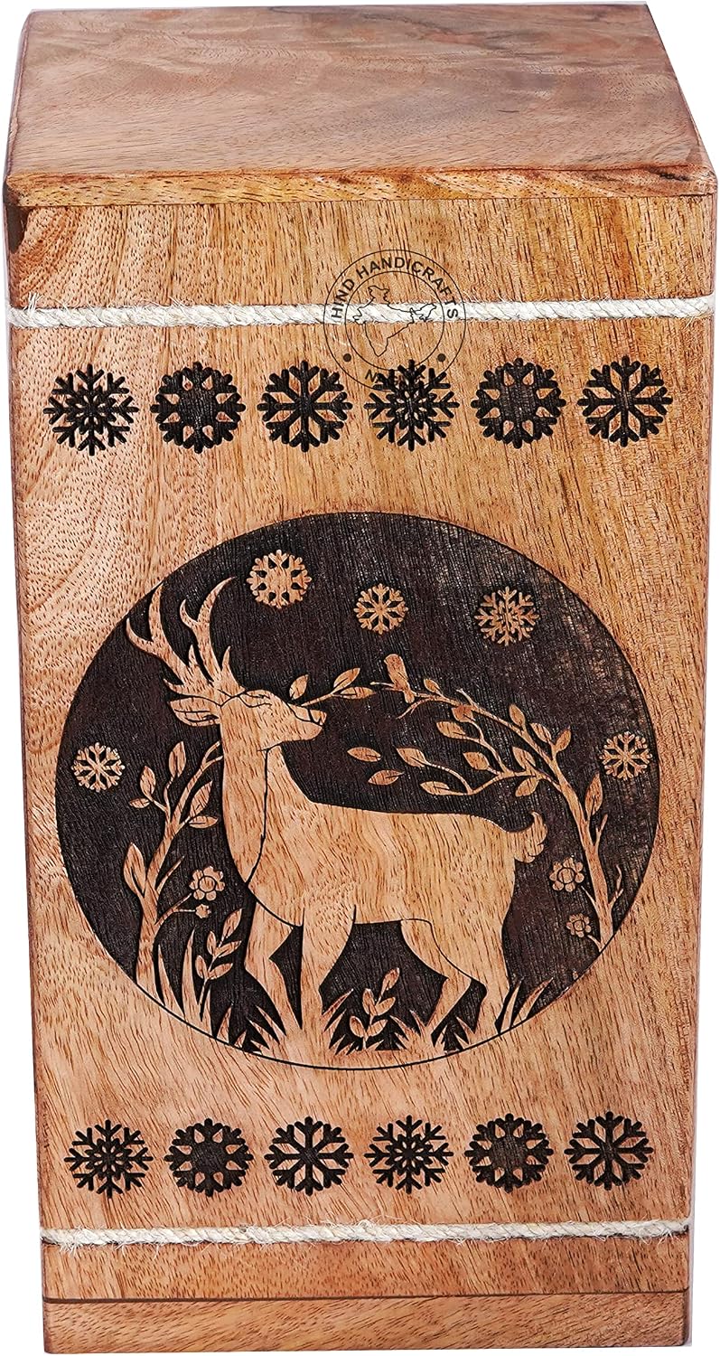 Handgefertigte Holzurne mit floraler Gravur für menschliche Asche für Erwachsene, gross – Buck Deer