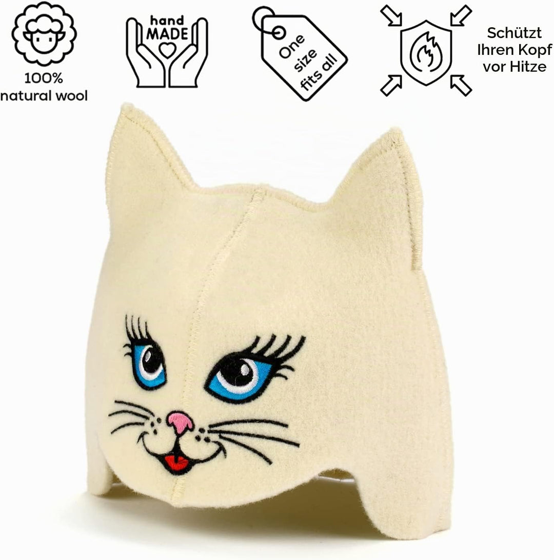 Saunahut für Damen und Herren aus Filz - Sauna Kitten Cat – Weiss Saunahut für Herren und Damen aus