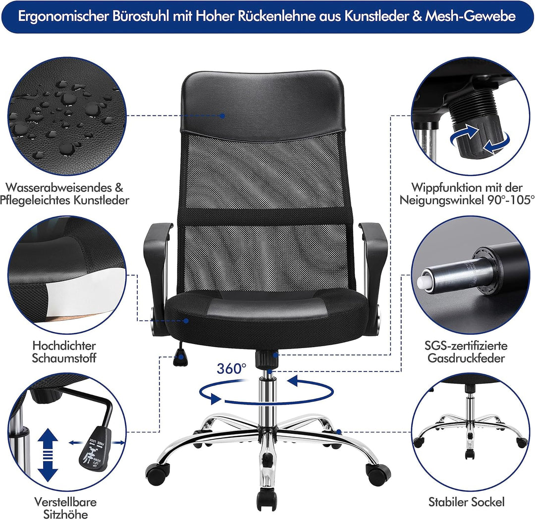 Yaheetech Bürostuhl, ergonomischer Schreibtischstuhl, Computerstuhl, 360° Drehstuhl, chefsessel mit