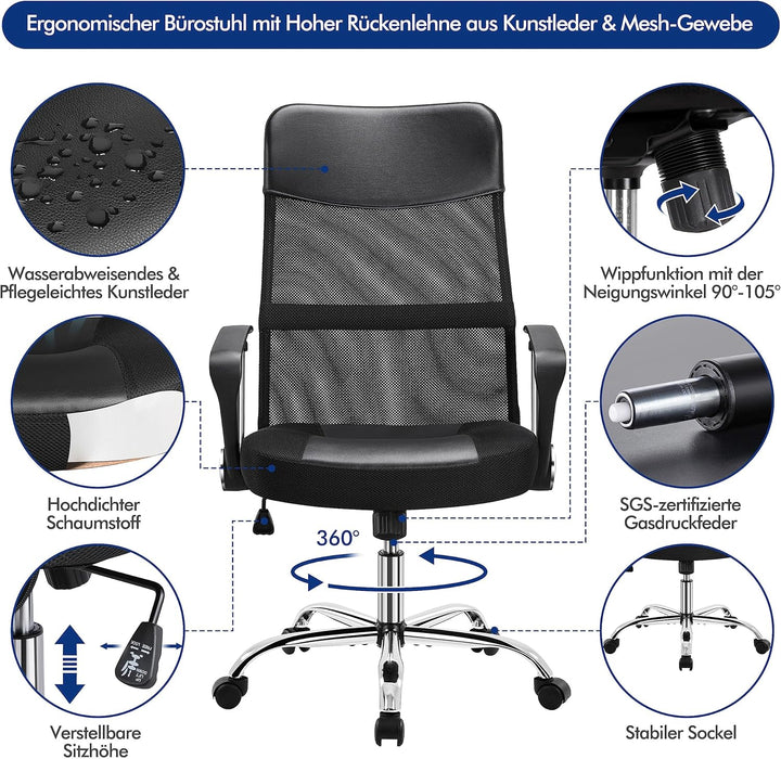 Yaheetech Bürostuhl, ergonomischer Schreibtischstuhl, Computerstuhl, 360° Drehstuhl, chefsessel mit