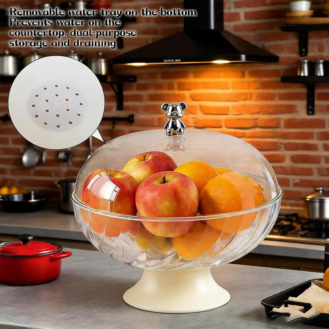 Obstschale mit Deckel und Abtropfeinsatz Transparent – Kunststoff Fruchtschale mit Fuss für Tischdek