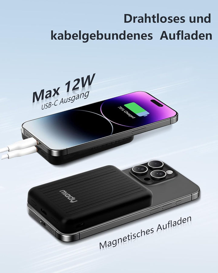 Miady Powerbank für Magsafe, 5000mAh 5W kabelloses magnetisches Laden & 12W USB-C Schnellladen, ultr