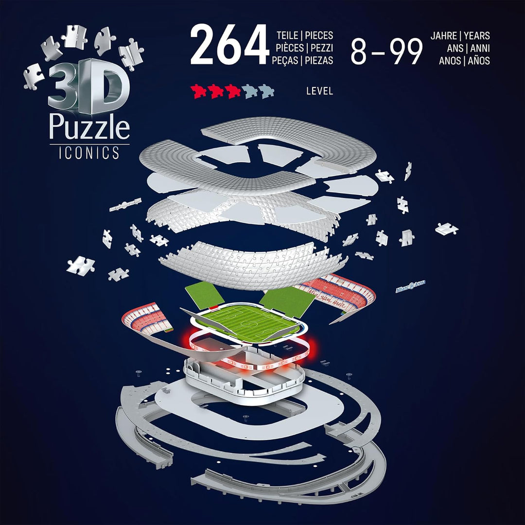 Ravensburger 3D Puzzle Iconics: 12008033 Allianz Arena - mit Licht - Das berühmte Stadion des FC Bay