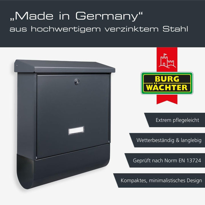 BURG-WÄCHTER Briefkasten mit Zeitungsfach und Namensschild, Verzinkter Stahl, Einwurf-Format DIN C4,