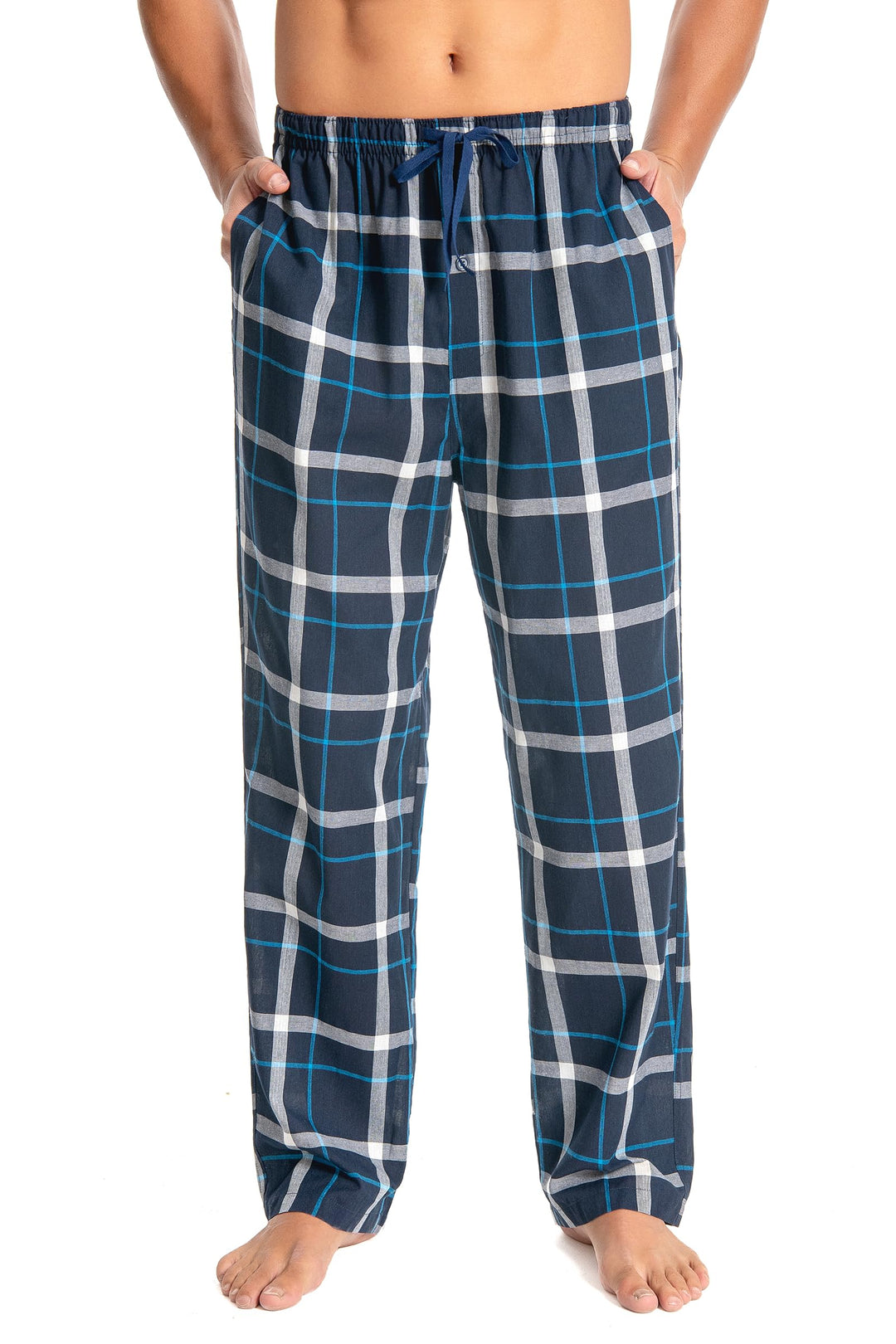 Herren 100% Baumwolle Pyjamahose, Gewebte kariert Schlafhose Loungewear Pyjama Hose mit Taschen, S B