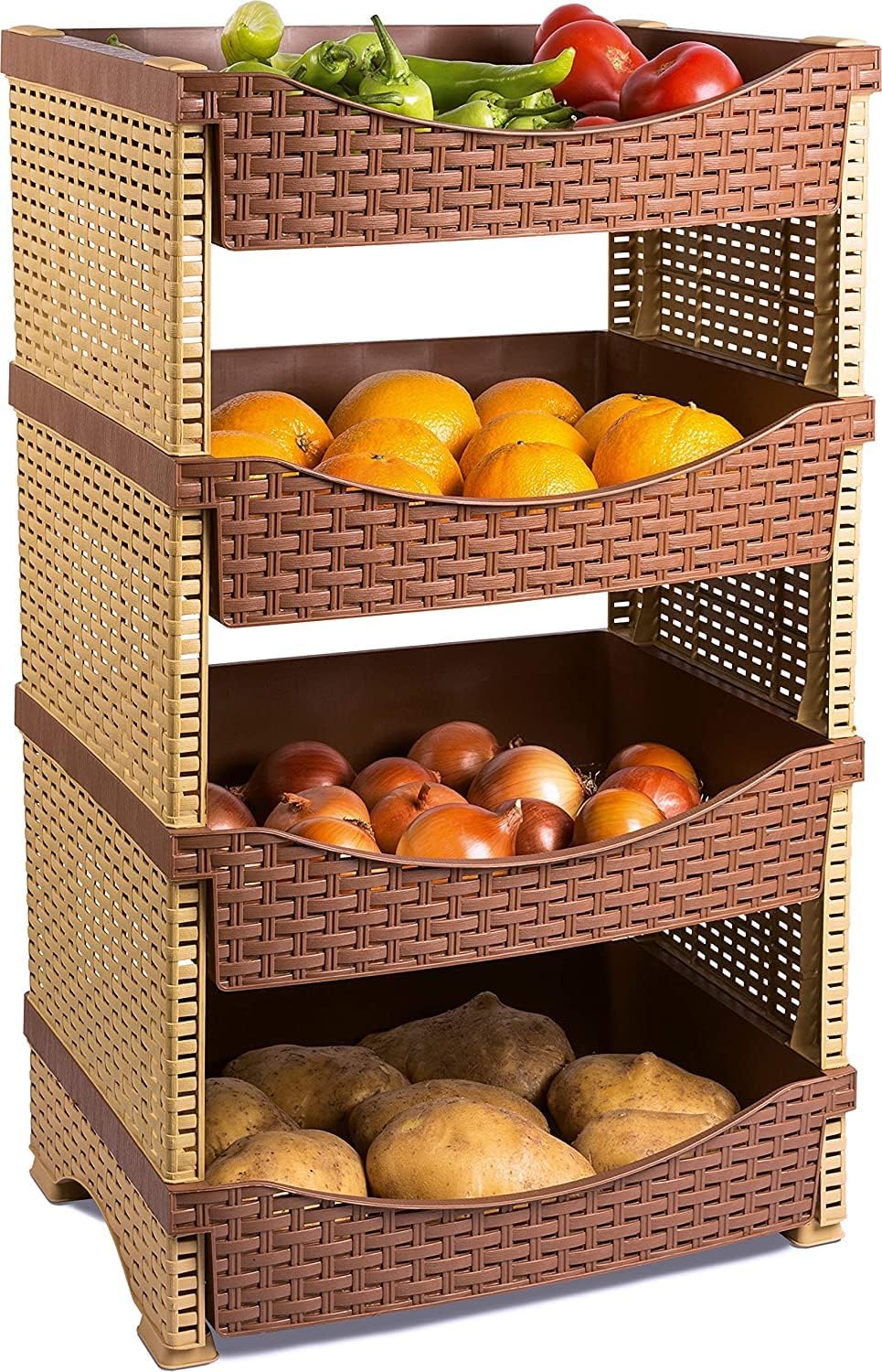 F&S Gemüseständer Regal Trolley Obstregal aus Kunststoff Rattanoptik Rattanlook mit 4 Etagen (Model