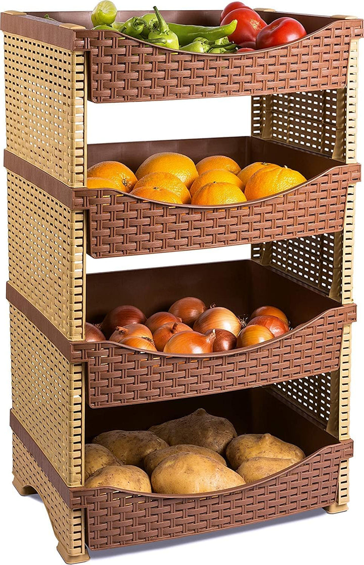 F&S Gemüseständer Regal Trolley Obstregal aus Kunststoff Rattanoptik Rattanlook mit 4 Etagen (Model