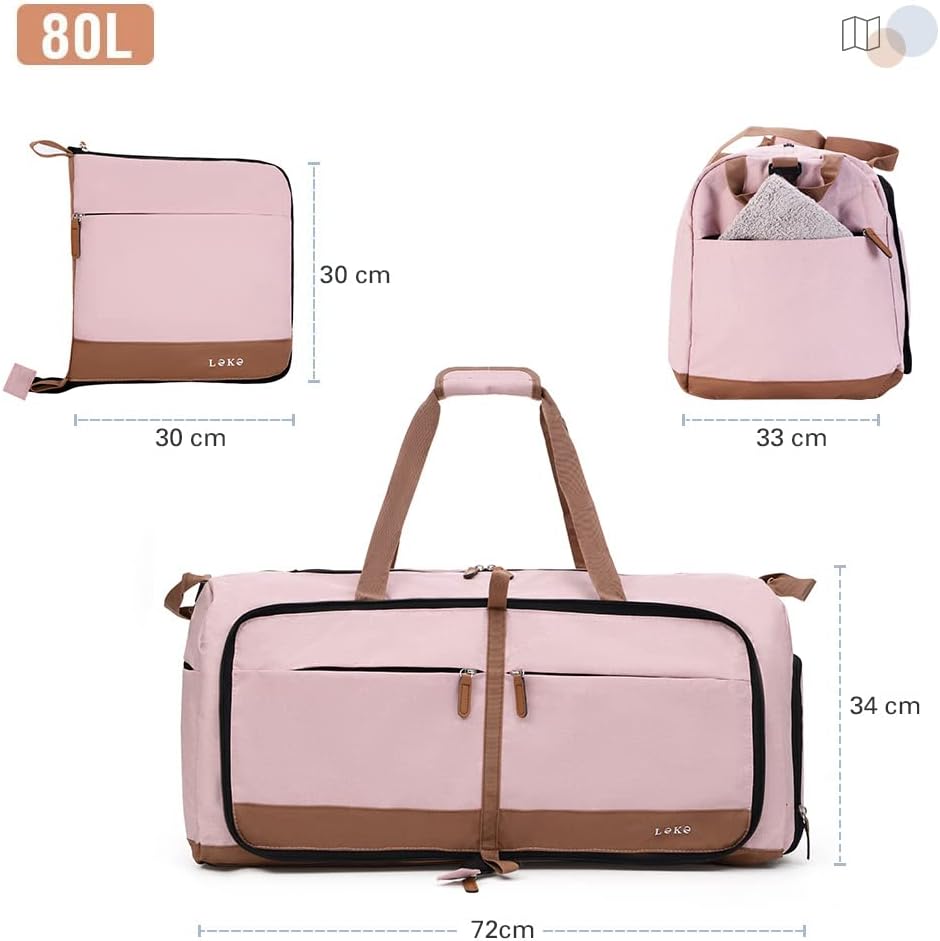 Lekesky Reisetasche Grosse 80L mit Schuhfach, Faltbare Reisetasche Weekender Damen fur Reisen, Krank