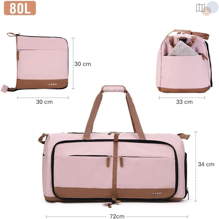 Lekesky Reisetasche Grosse 80L mit Schuhfach, Faltbare Reisetasche Weekender Damen fur Reisen, Krank