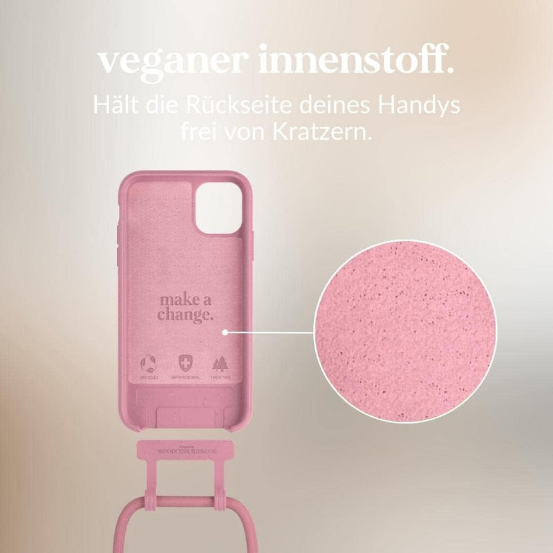 Woodcessories - Nachhaltige Handykette abnehmbar kompatibel mit iPhone 12 Hülle mit Band pink, iPhon