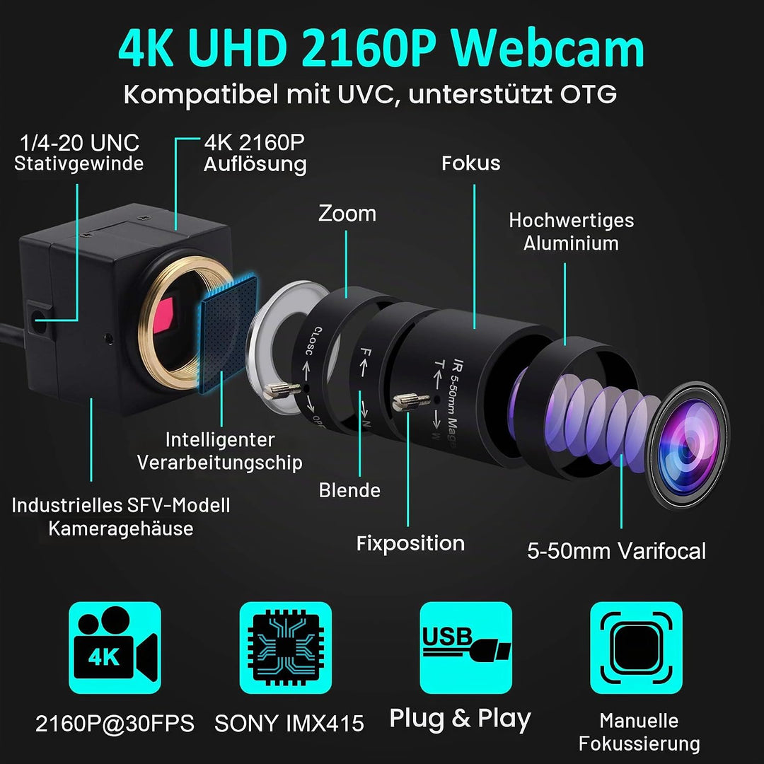 ELP 4K Webcam,2160P Zoom Web Kamera mit 5-50mm Manuell Objektiv,Variable Fokus Ultra HD Kamera,Plug