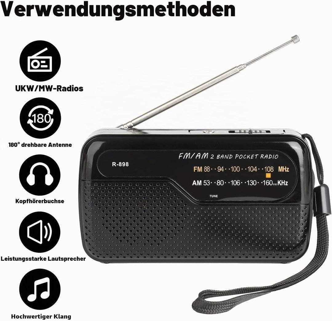 Tragbares Radio, Transistorradios am FM, tragbare Tasche, funktioniert mit 2 AA-Batterien, kleines T