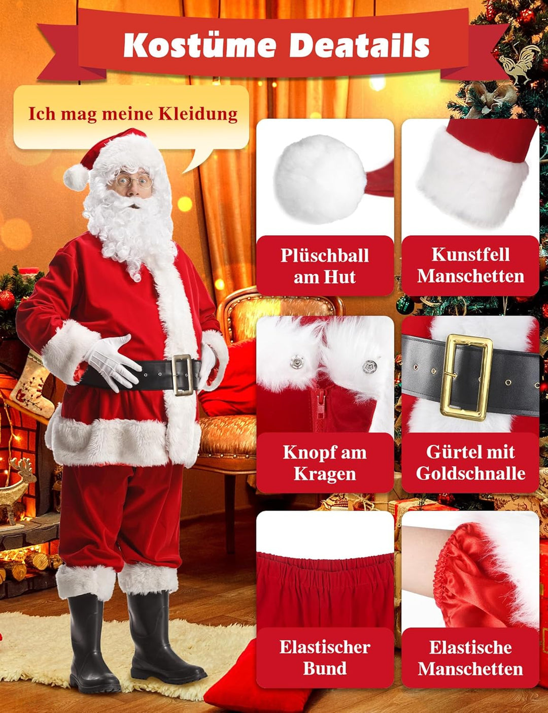 Boveco Weihnachts Weihnachtsmann Kostüm für Herren und Erwachsene, 11-teilig, Deluxe Samtanzug Outfi