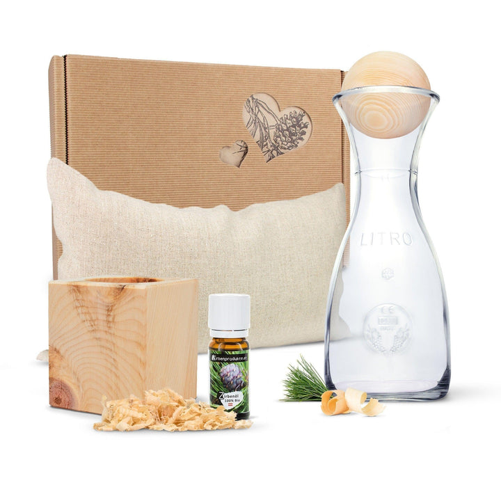 ZirbenErlebnis Geschenksbox Nr.3: Bio-Zirbenkissen mit Zirbenwürfel-Set und Zirbenkugel-Set