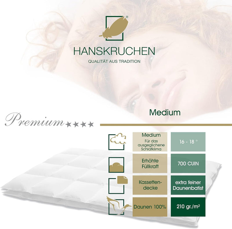Hanskruchen® Premium **** Daunendecke 200x220 cm - MEDIUM/Ganzjahres - Made in Germany Kassettendeck