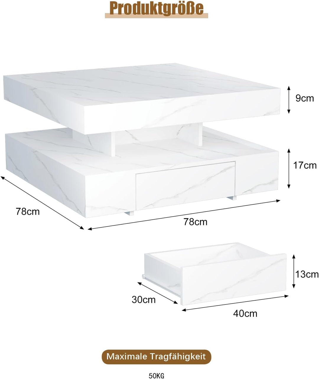 KEEPREAPER Couchtisch LED, Wohnzimmertisch mit 2 Schubladen für Wohnzimmer 78 x 78 x 40cm (Weiss Mar