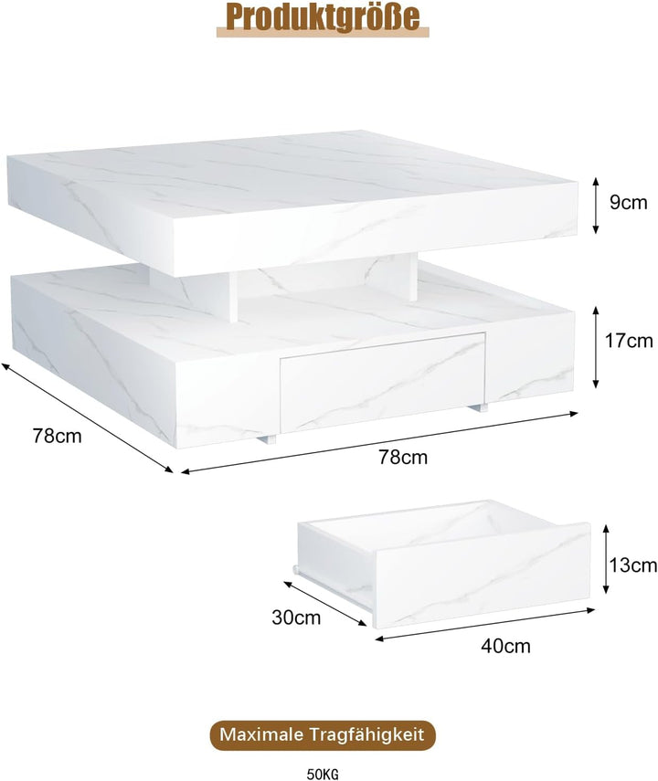 KEEPREAPER Couchtisch LED, Wohnzimmertisch mit 2 Schubladen für Wohnzimmer 78 x 78 x 40cm (Weiss Mar
