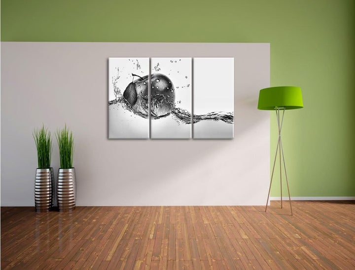 Pixxprint Köstlicher Apfel fällt ins Wasser als Leinwandbild/Grösse: 3 Teilig (120x80) cm/Wandbild/K