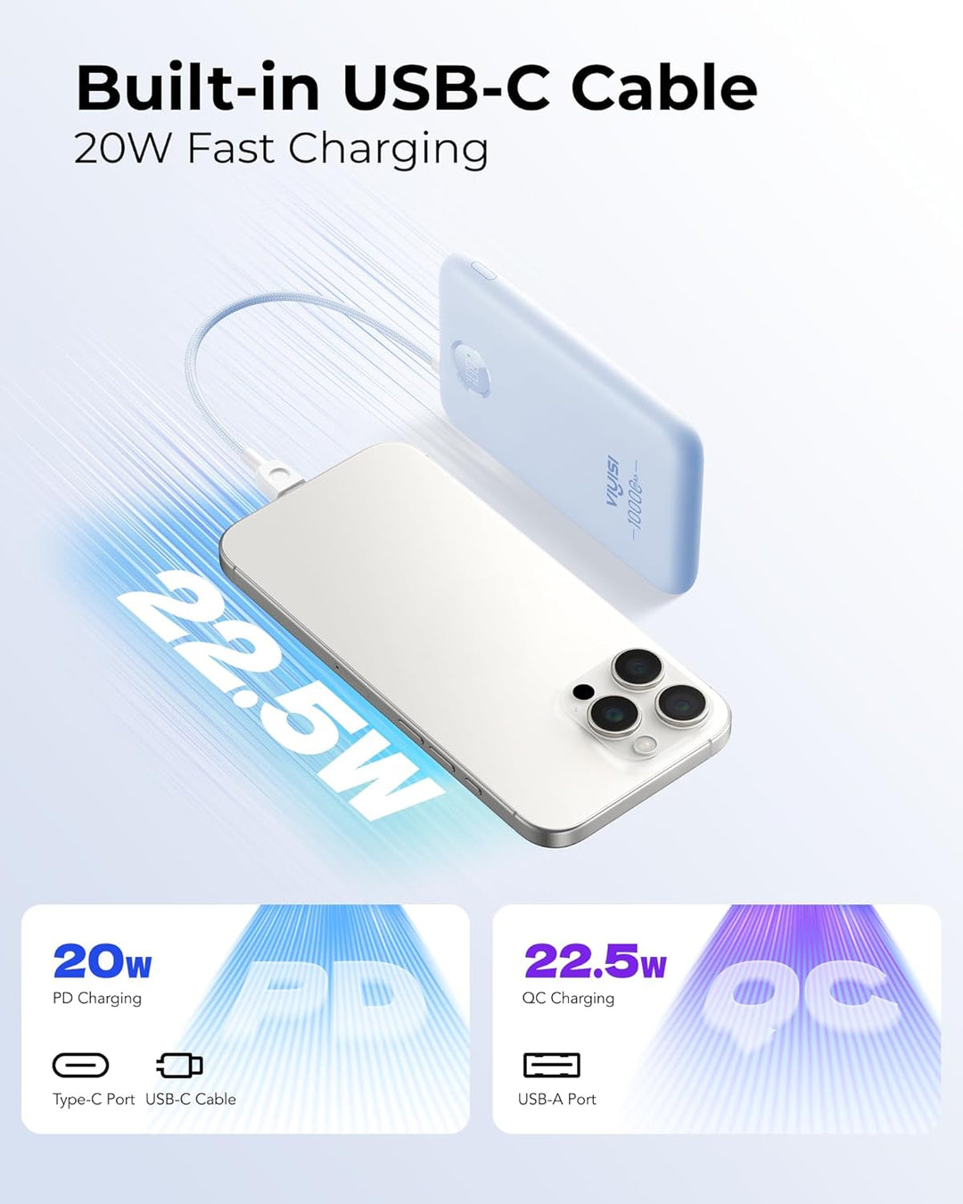VIYISI Powerbank 10000mAh, Ultrakompaktes Akkupack mit integriertem USB-C Kabel &amp; LED-Anzeige, Exter