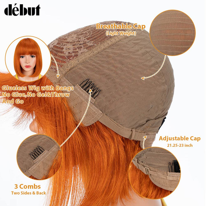 DÉBUT Echthaar Perücke mit Pony kurz Perücke Bob Pixie 10A brasilianisches Virgin Remy Hair 25cm 103