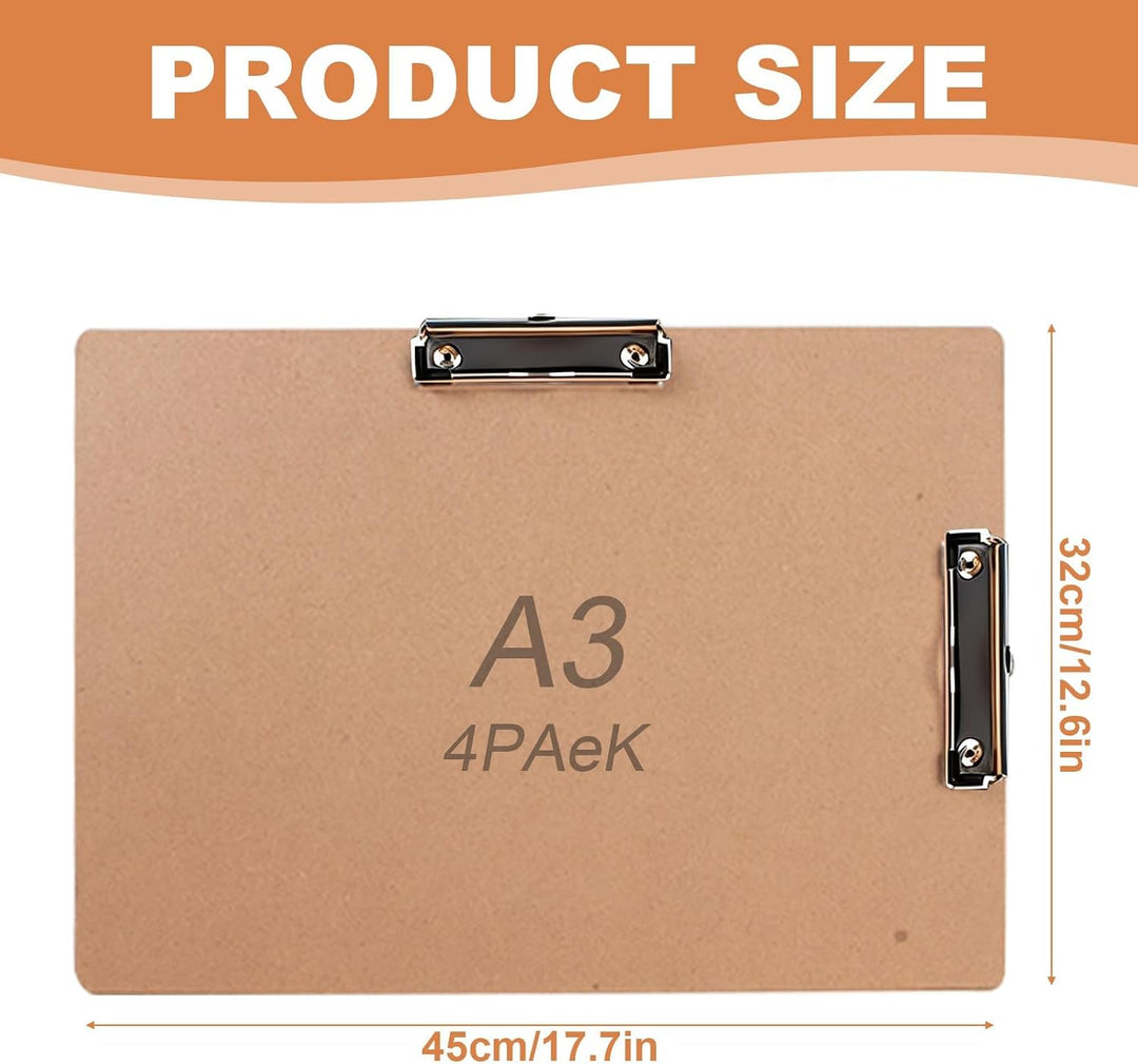 4 Stück Klemmbrett a3, Gross Klemmbretter 44 × 32 cm mit Doppeltem Klemmbrett Holz Clipboard für Bür