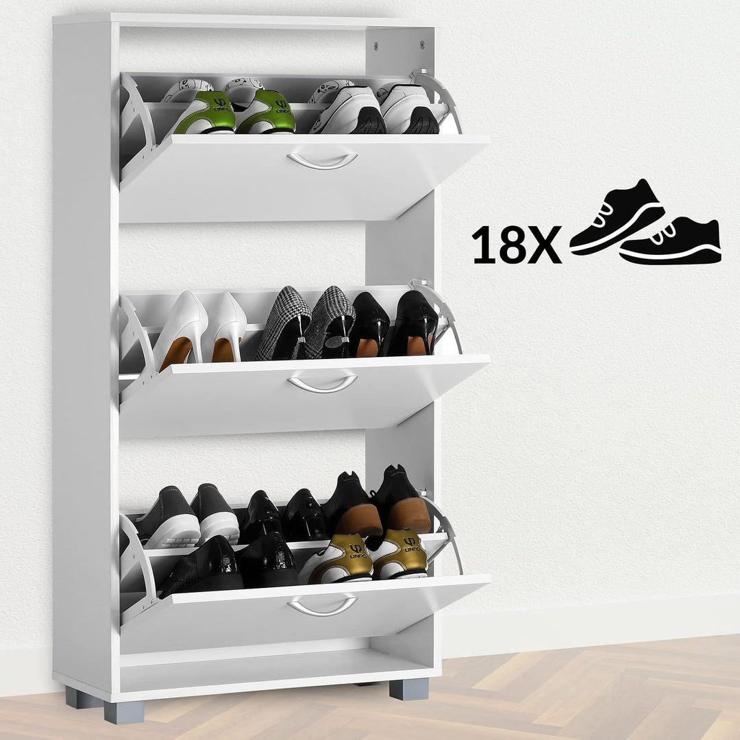 Casaria® Schuhschrank für 18 Paar Schuhe Schmal 115x60x25cm 3 Klappen Hoch Holz Geschlossen Kippsich