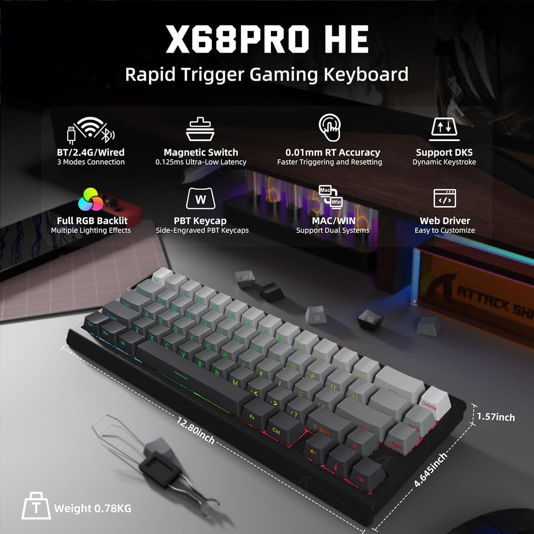 ATTACK SHARK 3-in-1 Kabellose X68PROHE-Tastatur und X11-Gaming-Maus-Kombination,BT/2,4G/Wired,8KHz-M
