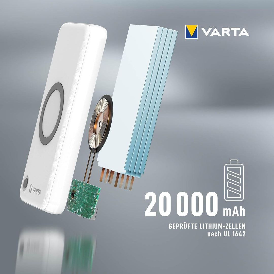 VARTA 2 in 1 Power Bank und Wireless Charger, kabelloses Ladegerät, Powerbank 20000mAh, LED Ladestan
