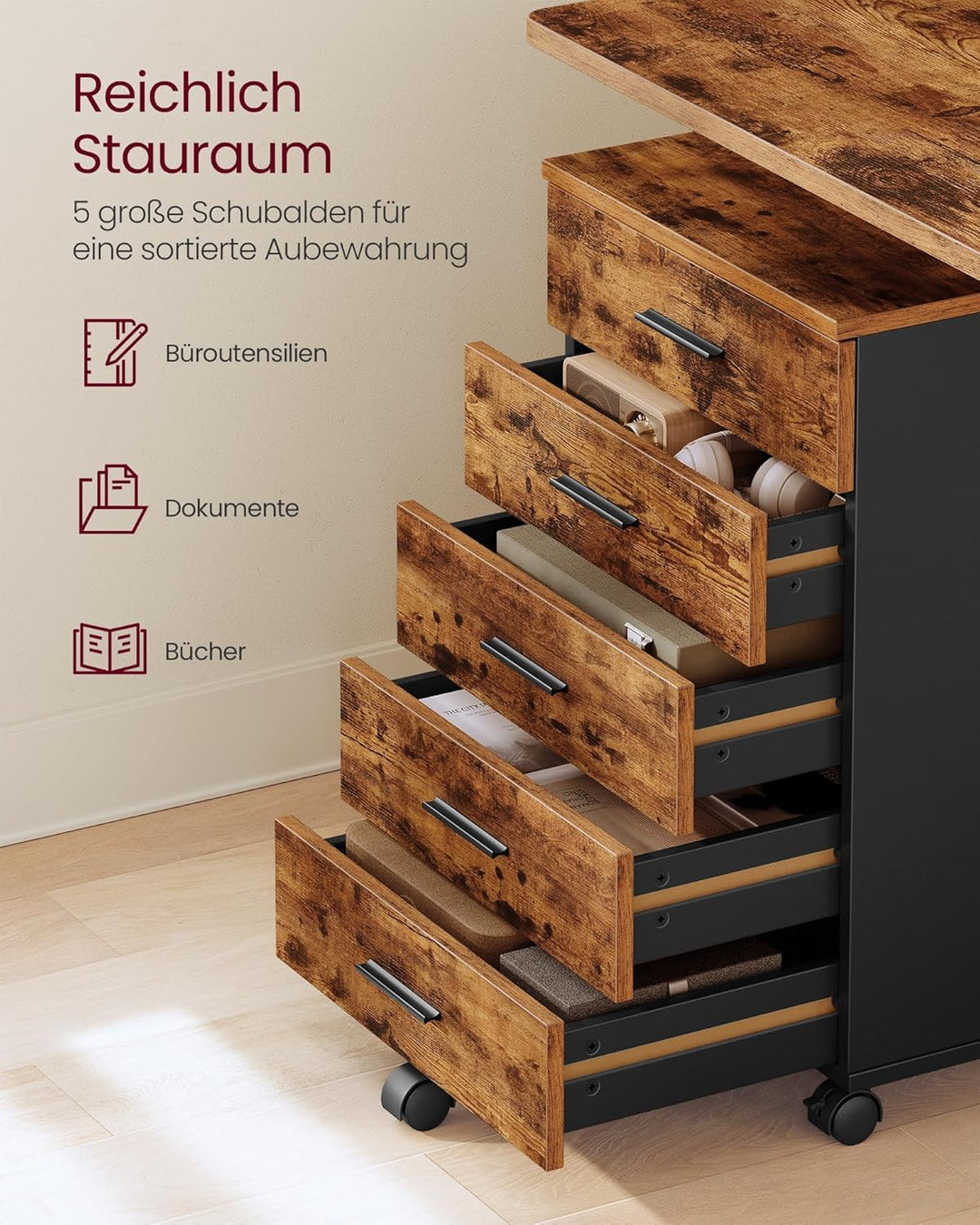 VASAGLE Rollcontainer, mobiler Aktenschrank, Schubladenschrank, Druckerständer mit 5 Schubladen, mit