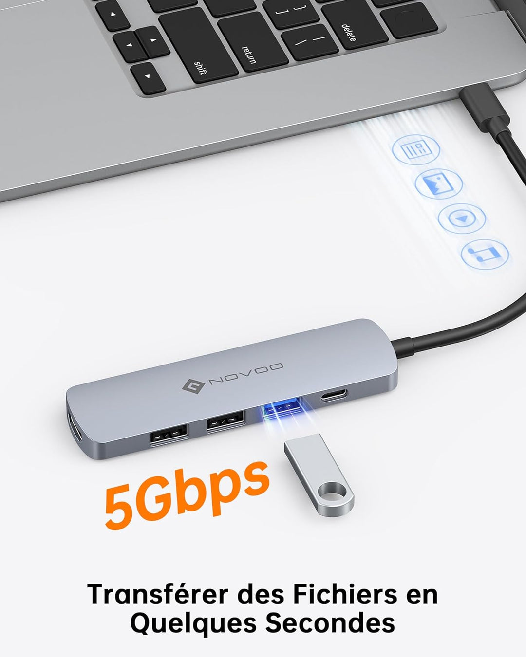 NOVOO 5-in-1 USB-C-Hub, Adapter USB C auf HDMI 4K, Aufladen 100 W PD, USB-C auf USB x 3, USB C Adapt
