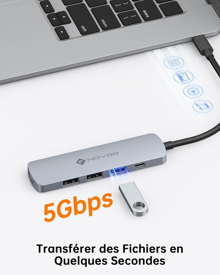 NOVOO 5-in-1 USB-C-Hub, Adapter USB C auf HDMI 4K, Aufladen 100 W PD, USB-C auf USB x 3, USB C Adapt