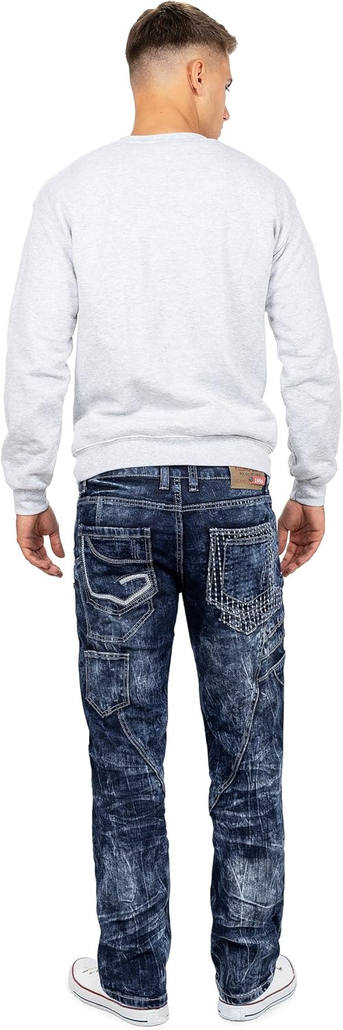 Herren Jeans – Extravagante Designer-Jeans mit Patchwork, Nieten & Kontrastnähten – Regular Fit, Den