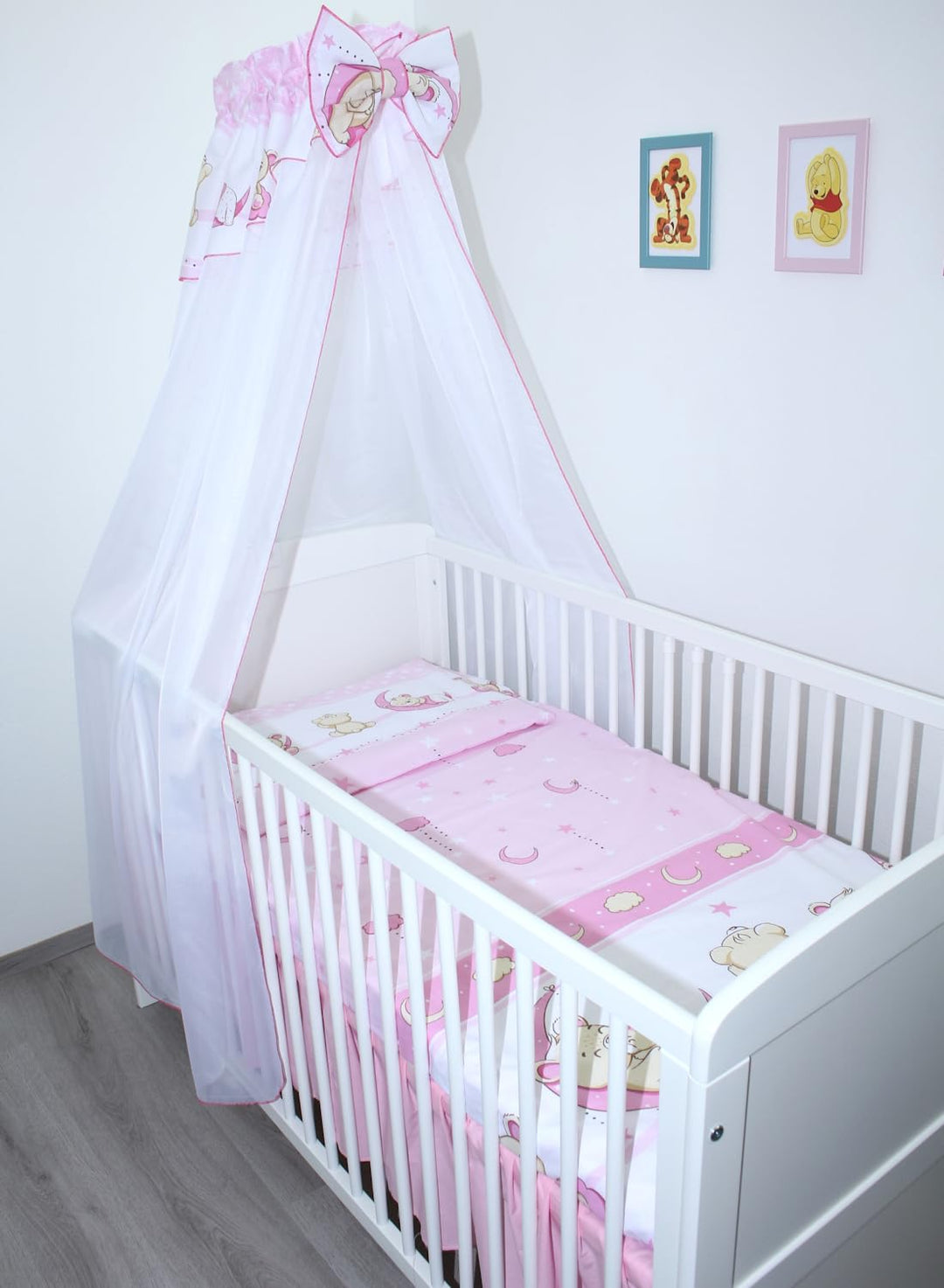 Baby Bettset Bettwäsche mit Himmel Chiffon - Bärchen Rosa - Bettausstattung Set (7 teilig), 7 teilig