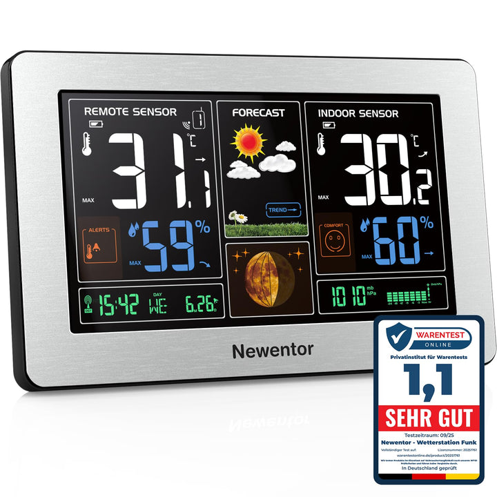 Newentor Wetterstation Funk mit Aussensensor - Funkwetterstation mit Wettervorhersage, Temperaturwar