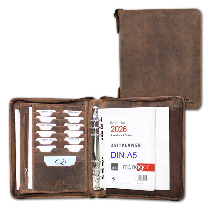 ALMADIH Leder A5 Organizer Reissverschluss + Kalender 2024 Schreibblock BV Premium Rindsleder Lederm