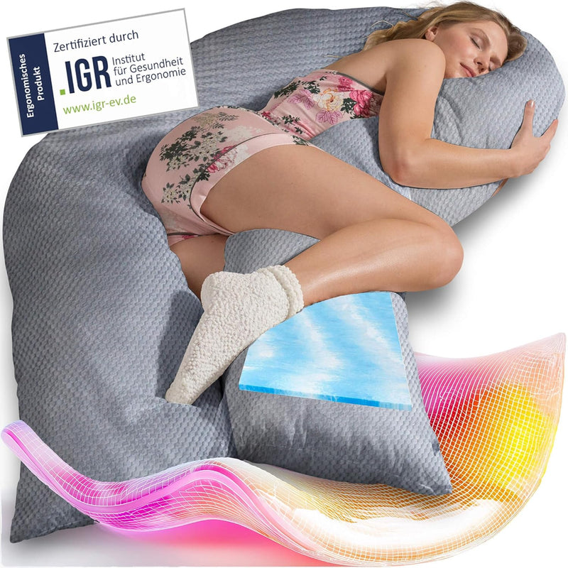 Traumreiter Seitenschläferkissen Visco Comfort M mit Bezug Grau Deluxe, Hybrid Kissen + 1cm Memory F