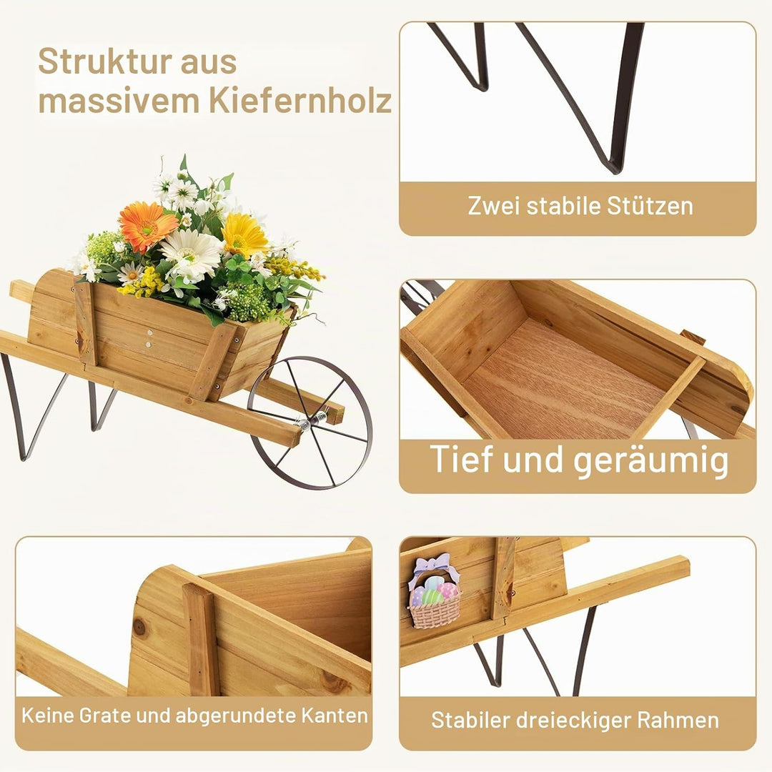 HOMASIS Blumenwagen Pflanzwagen mit 2 Griffen & Metallrad, Blumenkarre Holz, Blumentopf mit 9 magnet